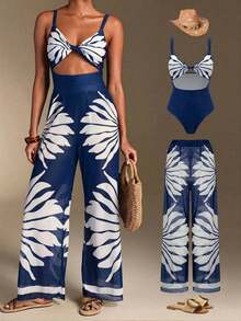 Swim Oasis Traje de baño de una pieza con camisola de patchwork de colores y pantalones de pierna ancha, adecuado para vacaciones en la playa, fiestas en la piscina y fiestas en la playa - Azul - Ver 8