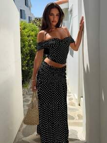 Ropa de mujer conjunto elegante con diseño de hombros insertados y detalles de lazo - Negro - Ver 2