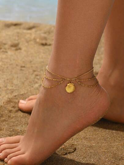 1 pieza Tobillera de mujer de acero inoxidable con colgante de concha multicapa, elegante tobillera de cadena chapada en oro de 18K, joyería de tobillera de moda adecuada para uso diario o para usar en la playa en verano