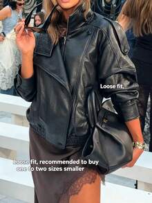 Oversized Camellia Autumn/Winter New Fashion Women's Jacket, European And American Style Minimalist Versatile Embossed Leather Coat - Black 2 - View 2