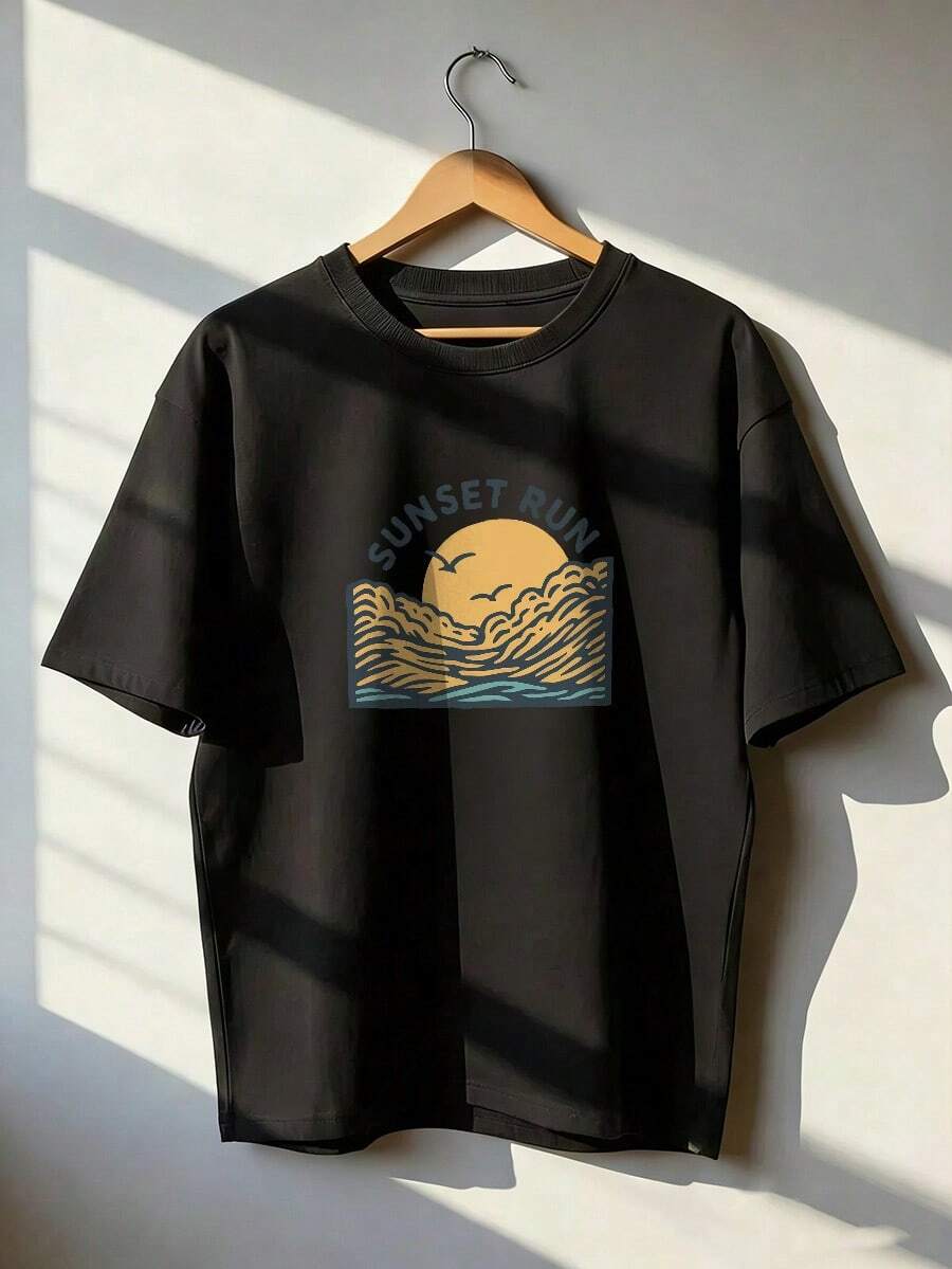 Short-Sleeve T-Shirt With Wave And Seagull Print, Fashionable Short-Sleeve T-Shirt For Spring And Summer 2026, Made In Mexico, 180 Grams. Cartoon Print, Couple Design, Suitable For Indoor Or Outdoor Wear. Crew Neck, Unisex, Ideal For Office And Leisure. One-Piece Pack. - BK-P631577SLNDXZGY421 - 查看 1