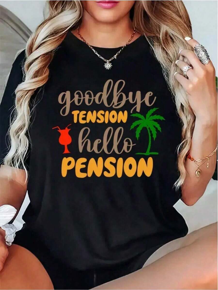 Women's Retirement Theme Print T-Shirt - Say Goodbye To Stress, With Retirement Slogan, Tree And Cocktail Design, High-Quality Soft And Breathable Fabric, Loose Fit, Casual Summer Outdoor Top, Washable - 黑色 - 查看 1