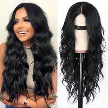 Ombre Highlight Long Curly Wig, European American Middle Part Big Wave Synthetic Full Wig For Women - 黑色 - 查看 2