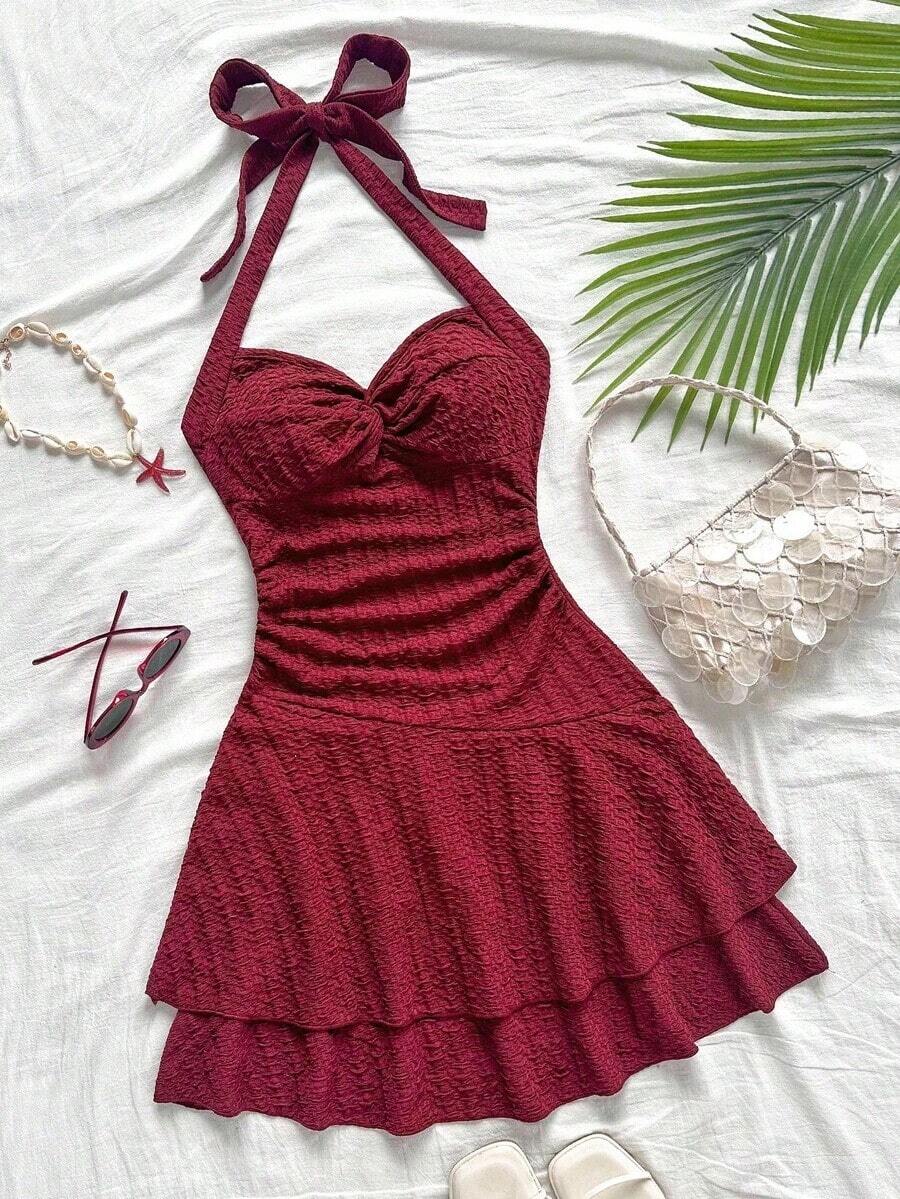 AVestido mini sexy con espalda descubierta, corbata en el cuello, dobladillo fruncido y doble capa, adecuado para fiestas, citas, San Valentín - Burdeos - Ver 1