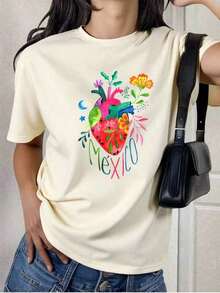 GiftCamiseta de algodón suave para mujeres de talla grande con estampado de corazón colorido de México, regalo para amantes de los viajes, día de San Valentín, atuendo, vestidos de mujer de verano a la moda, casual, perfecta para todas las estaciones, S M L XL, - ideal para el veranoSoft - Albaricoque - Ver 7