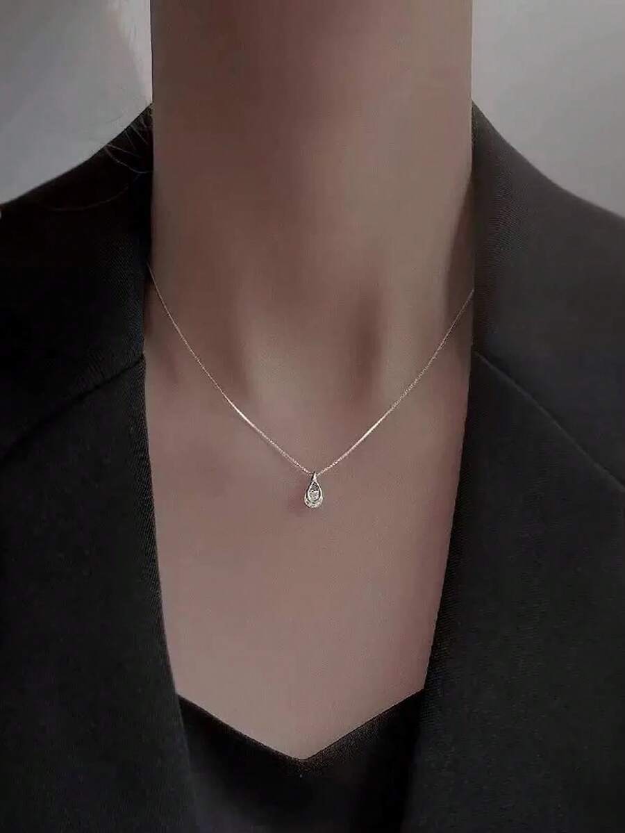 女士铜合金锆石水滴项链 - 銀色 - 查看 1