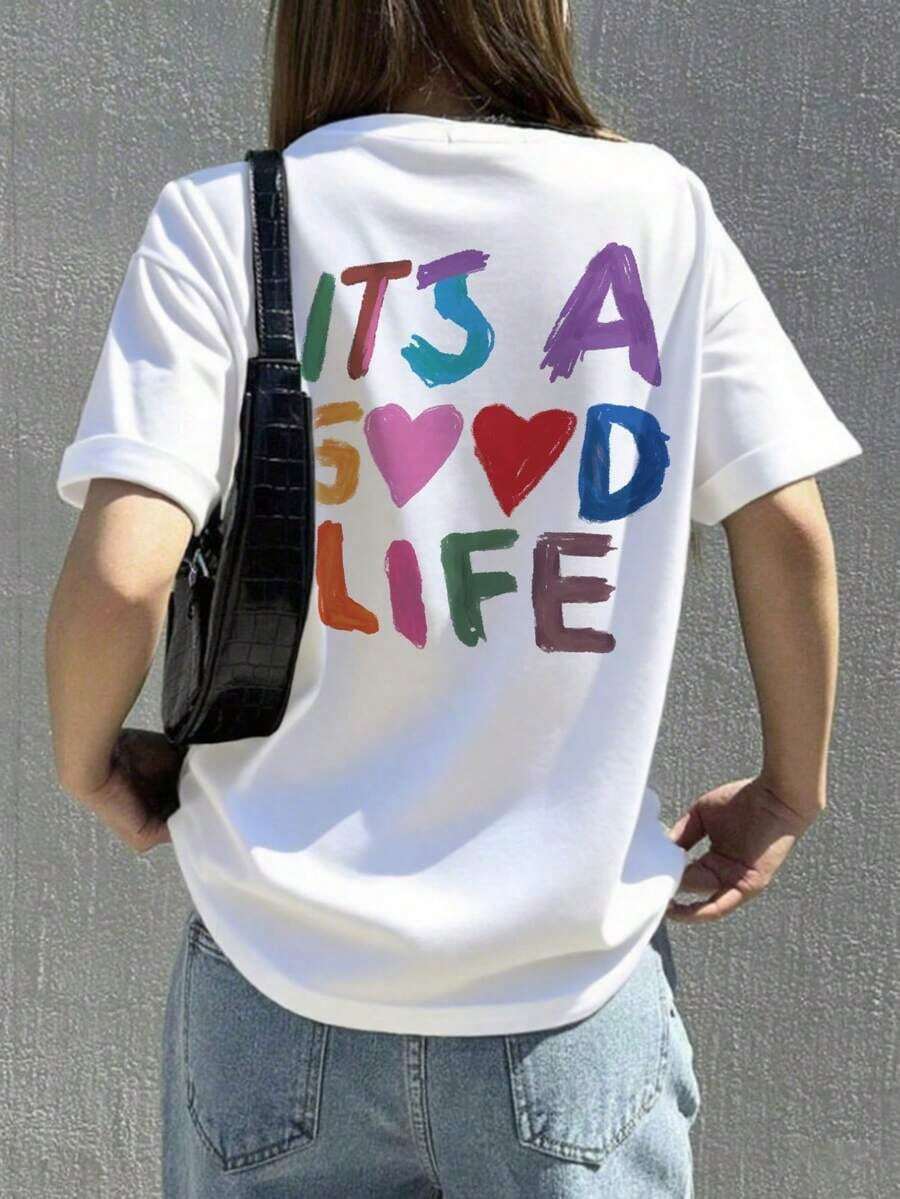 Women's White Short Sleeve T-Shirt, 100% Cotton, With Colorful Letter And Heart Print "It's A Good Life", Cheerful Casual Style, Comfortable And Breathable For Everyday Wear And Versatile Combinations - 白色的 - 查看 1