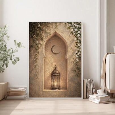 1pc Framed/Unframed Islamic Crescent Moon Lantern Canvas Poster Boho Muslim Wall Art Print Eid Ramadan Decor Religion Scroll Painting For Living Room,Bedroom,Modern Home Decoration