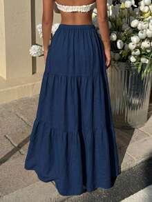 Solid Color Casual Beach Vacation Ruffle Hem Skirt - Royal Blue - View 11