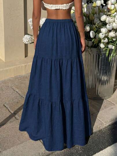 Solid Color Casual Beach Vacation Ruffle Hem Skirt