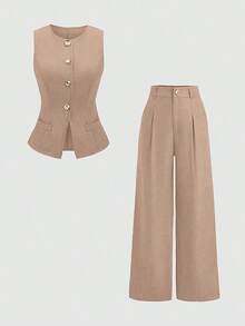 Sweetro Conjunto a juego de chaleco negro de una hilera y pantalones de pierna ancha con fruncidos - Camel - Ver 7