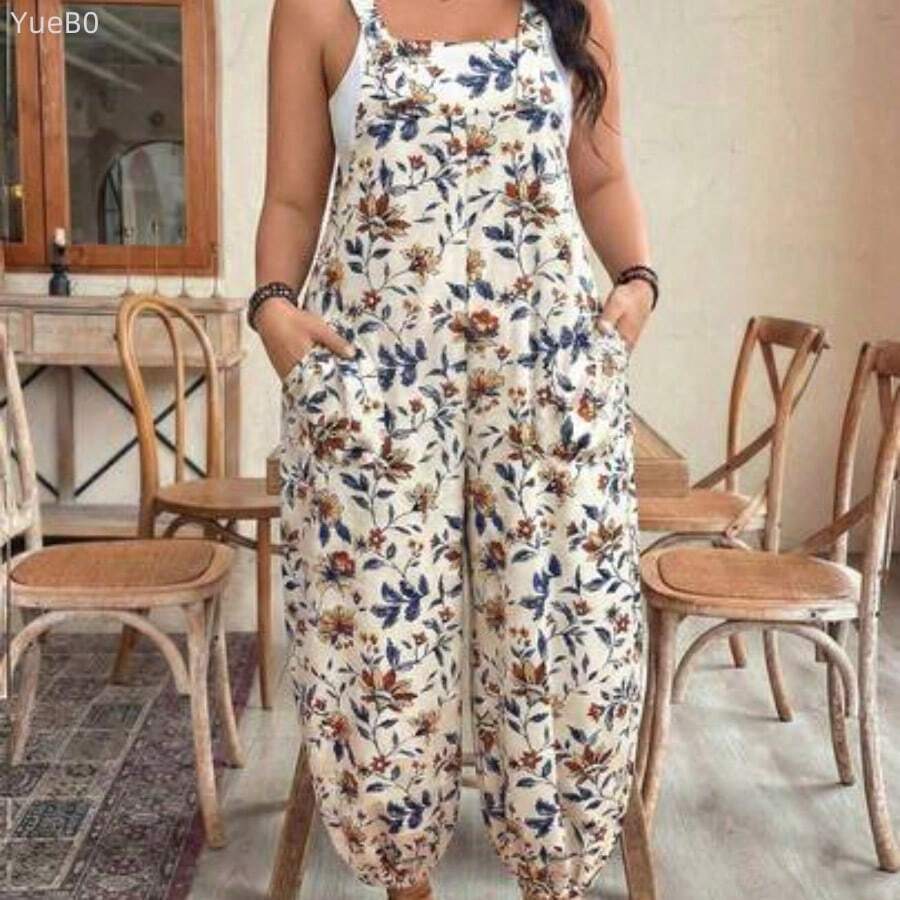 Plus Size Women's Elegant Striped Pocket Jumpsuit, Suitable For Work And Commute, Spring/Summer - Albaricoque - Ver 1