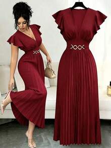 Nuevo vestido maxi elegante de ajuste ceñido para mujeres con cuello en V, mangas con volantes, tejido de unicolor, decoración de metal, diseño plisado, para fiesta de San Valentín, resort, cóctel - Rojo - Ver 1
