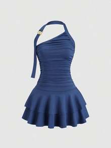 Nuevo diseño de vestido mini para mujer con falda en forma de pastel, cuello halter, y ribete metálico en espiral que estiliza la silueta - Azul marino 2 - Ver 6