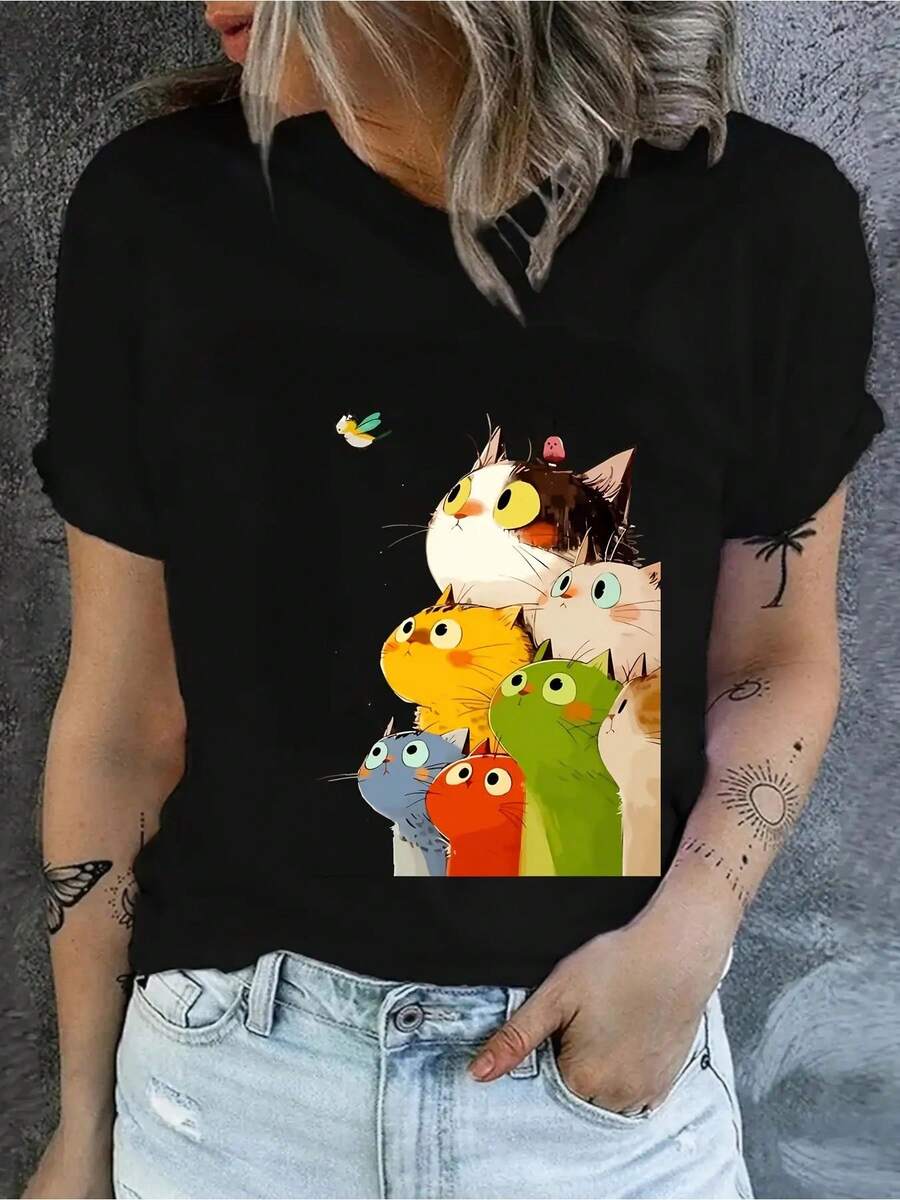Women's 180g Black Printed T-Shirt For Men And Women - Soft And Breathable T-Shirt For Everyday Wear, Suitable For Casual And Formal Occasions - Opaque Crew Neck Top - A Must-Have Wardrobe Item For Spring And Summer - Cute Style Clothing, T-Shirt, Spring Fashion, Vibrant Design, Lightweight Fabric, Women's Tops - 黑色 - 查看 1