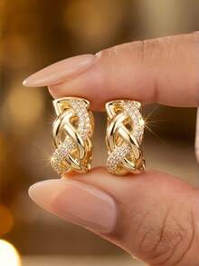 Women's Gold Cross Earrings, Elegant And Luxurious With Cubic Zirconia, Ideal For Daily Use, Parties, Weddings, Anniversary Gifts, Modern And Versatile. - 鏤空交叉線耳環 - 查看 2