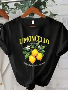 Camiseta con estampado de licor de limón - Camiseta 100% casual de verano con estampado de limones, diseño de licor de limón y rodajas de limón, cómoda, holgada, de cuello redondo y manga corta, color negro, adecuada para amantes del licor italiano, ropa casual de primavera/otoño, ropa de otoño, moda de primavera, estampado cítrico, camiseta ligera, tela transpirable, camiseta estampada para mujer. - Negro - Ver 1