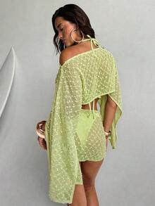 Conjunto de 2 piezas de mujer para primavera/verano con textura de jacquard, blusa tipo chal y minifalda de estilo envolvente, ropa de playa/resort para mujer - Verde - Ver 2