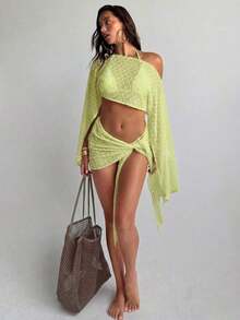 Conjunto de 2 piezas de mujer para primavera/verano con textura de jacquard, blusa tipo chal y minifalda de estilo envolvente, ropa de playa/resort para mujer - Verde - Ver 4