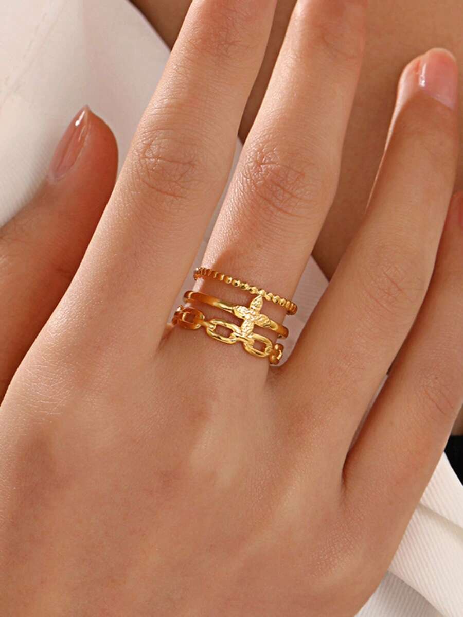 1pc 18K Gold Plated Stainless Steel Four-Leaf Clover Ring, Suitable For Daily Wear - Yellow Gold - View 1