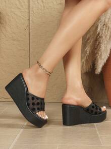 Women's Thick Sole Mule Shoes, Spring/Summer New Wedge Heel Platform Open Toe Breathable Mesh Slip-On Sandals, Fashion Round Toe Outdoor Casual Slippers, Versatile Large Size - Black - View 4