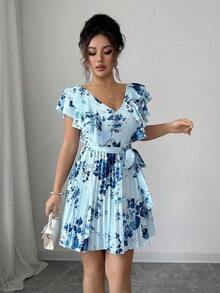 Vestido elegante y romántico para vacaciones con cuello en V con volantes, cintura ceñida y estampado de lunares en forma de línea A para mujeres - Multicolor 2 - Ver 5