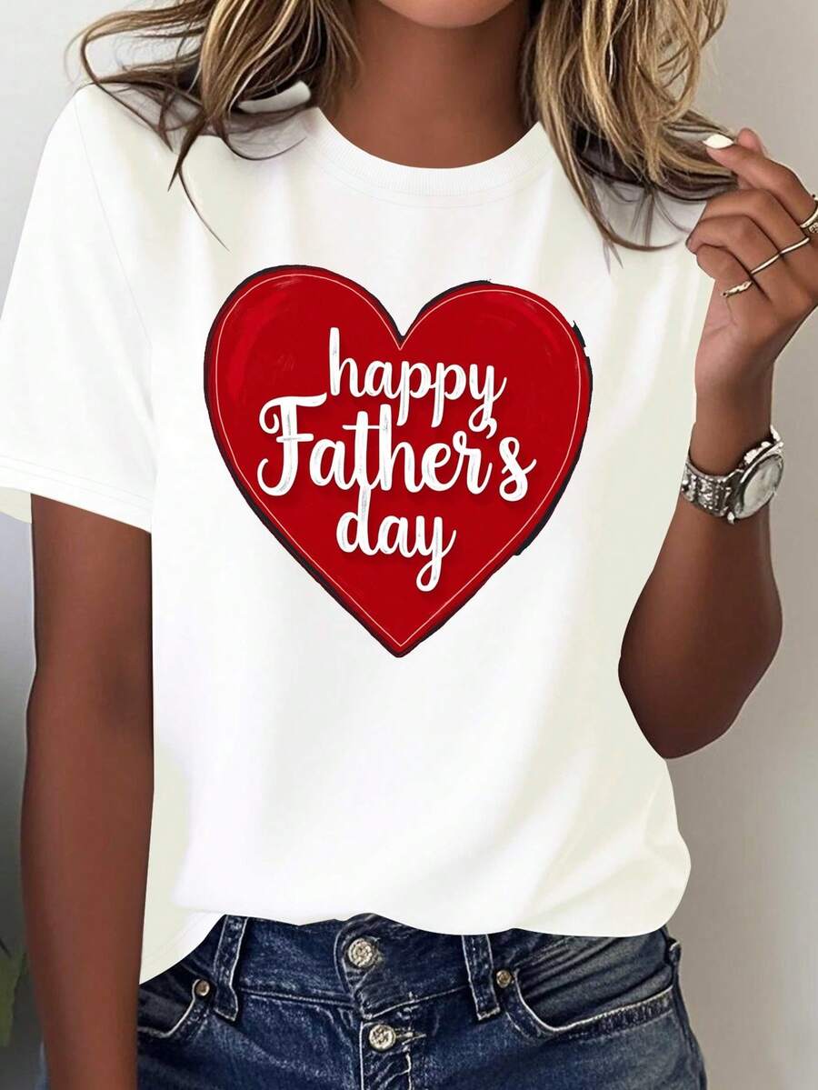 Women's T-Shirt For Father's Day - Black With Red Heart Pattern - Soft And Breathable Casual Top - Birthday Gift For Dad - Comfortable Fit T-Shirt For All Year Round, Sexy Clothing, Crew Neck T-Shirt, Comfortable Fabric - 白色 - 查看 1