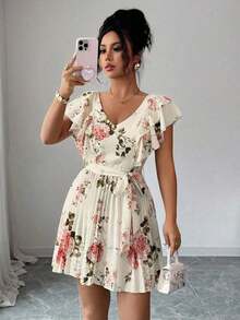 Vestido elegante y romántico para vacaciones con cuello en V con volantes, cintura ceñida y estampado de lunares en forma de línea A para mujeres - Multicolor 11 - Ver 1