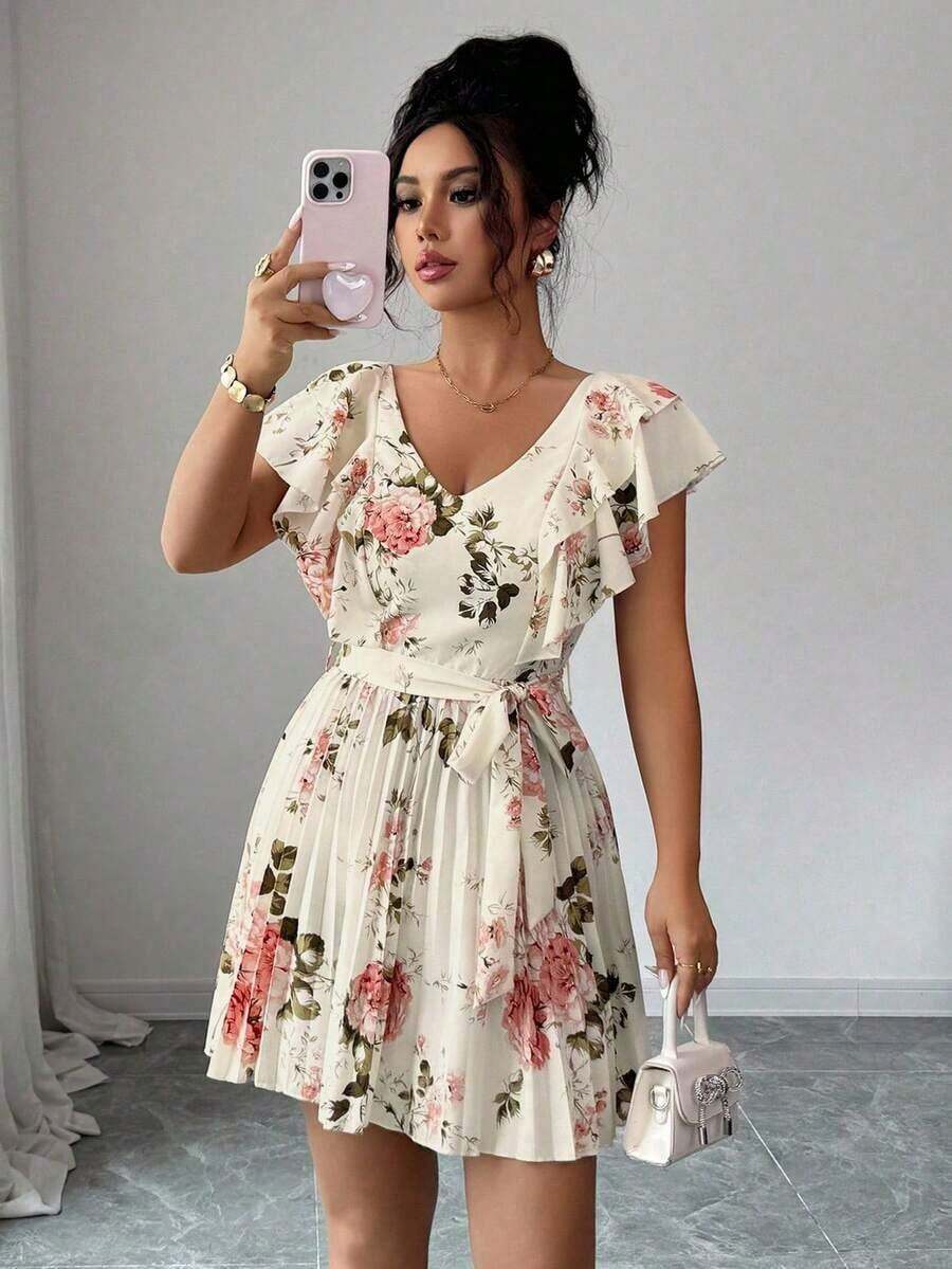 Vestido elegante y romántico para vacaciones con cuello en V con volantes, cintura ceñida y estampado de lunares en forma de línea A para mujeres - Multicolor 11 - Ver 1