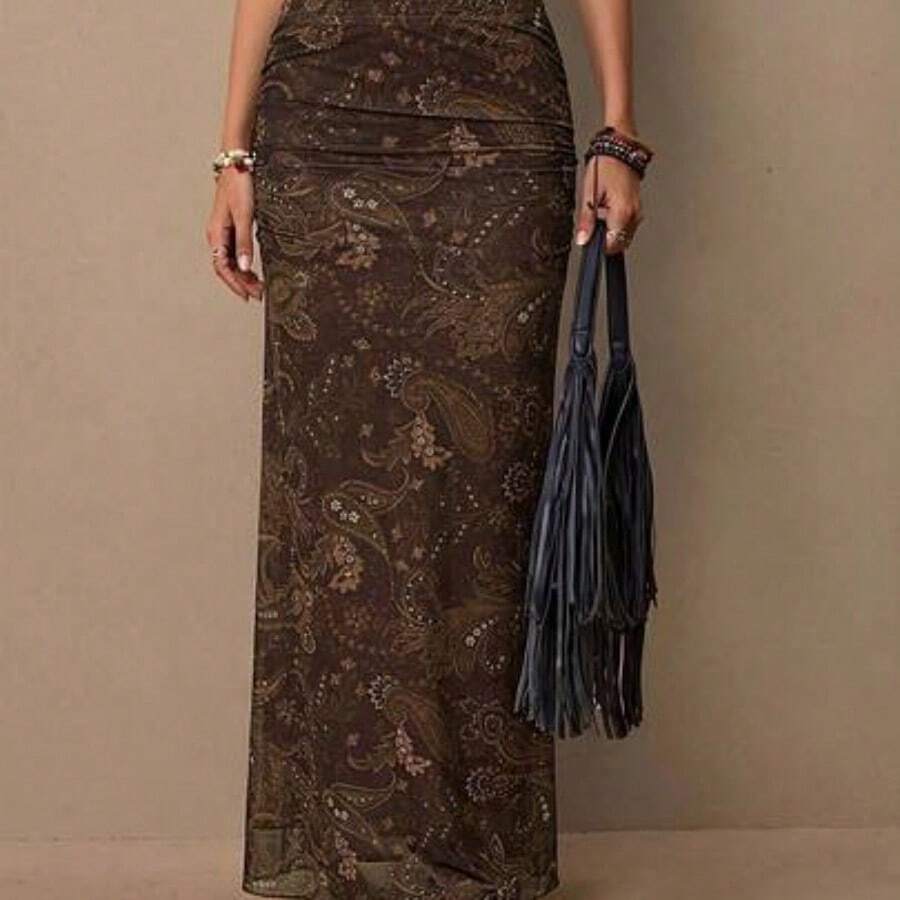 Freevana Women's Casual Bohemian Retro Western Paisley Cashew Flower Print Versatile Brown Knit Skirt, Suitable For Spring, Music Festival - Multicolor - Ver 1
