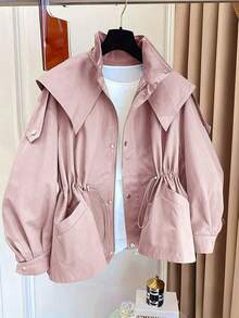 1 pieza Abrigo de trinchera con bolsillo con cordón, botones delanteros y tela tejida de unicolor, informal para primavera/otoño - Rosa - Ver 3
