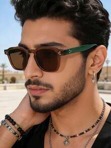 1pc New Fashion Square Double-Frame Retro Personalized Ocean Lens Tortoiseshell Fashion Glasses, Suitable For Daily Wear, Fashionable And Versatile, Suitable For Autumn/Winter Outfits, Beach Accessories, Retro Y2K All-Match Glasses, Business And Casual Gifts - Green Tea - View 3
