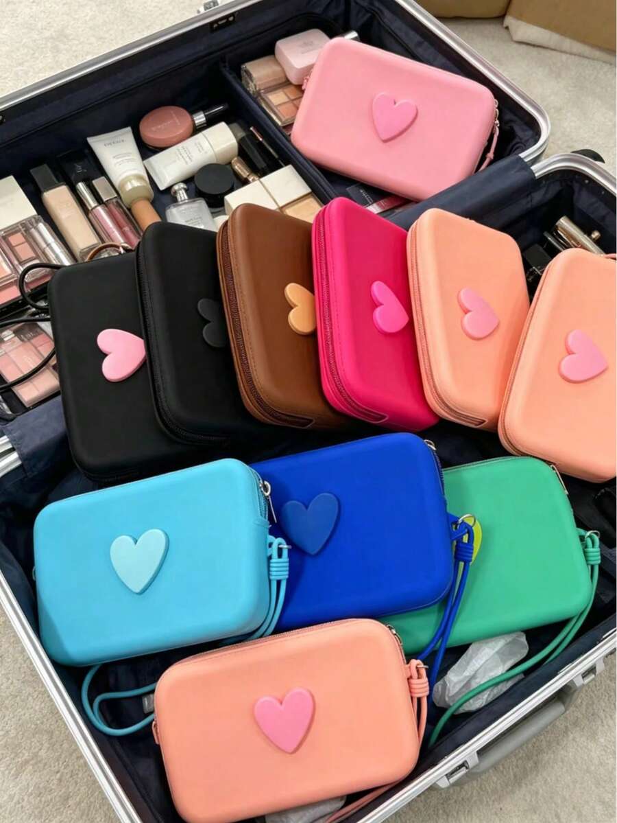 Heart-Shaped Solid Color Silicone Makeup Bag, Large-Capacity Storage Pouch, With Strap Handheld Bag, Simple Mom Bag, Coin Purse, Lipstick Case, Square Bag, Makeup Brush Storage Bag, Soft Silicone Material, Multi-Functional Use, Christmas Gift, Creative Gift For Women