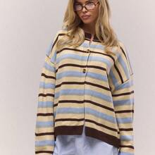 Oversized Button Through Drop Shoulder Knitted Stripe Jumper , , Old Money, Cute, Country, Cottage Core, Casual Lounge Cardigan For Women Butterscotch Work Office Winter Chic Spring Sweater Vacation - Verde militar - Ver 2