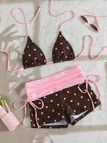 Conjunto de 2 piezas para mujer 2026, nuevo conjunto de top halter sin espalda con estampado aleatorio de rayas y shorts con lazo lateral para primavera/verano, elegante y sexy conjunto de bikini de moda para playa y resort - Rosa - Ver 1