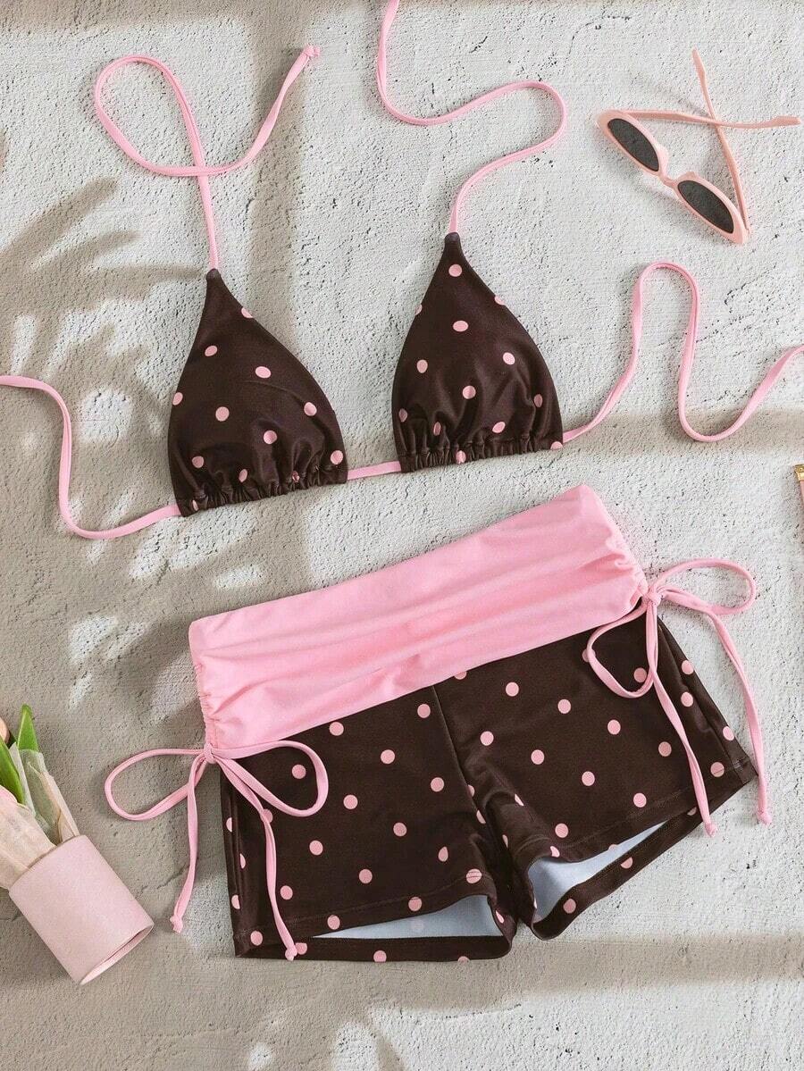 Conjunto de 2 piezas para mujer 2026, nuevo conjunto de top halter sin espalda con estampado aleatorio de rayas y shorts con lazo lateral para primavera/verano, elegante y sexy conjunto de bikini de moda para playa y resort - Rosa - Ver 1
