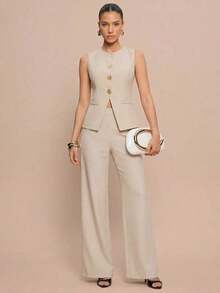 Traje casual/de trabajo elegante de mujer con decoración de botones florales - Albaricoque 2 - Ver 4