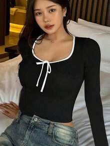 Parte superior corta de cuello redondo con bloqueo de color y autolazada, con ajuste ceñido, estilo Y2K, para verano, para mujeres - Negro 2 - Ver 2