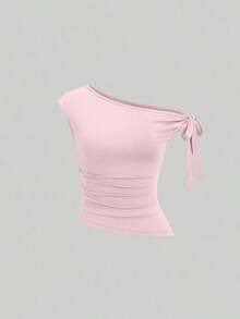 Set de 3 blusas casuales minimalistas de un solo color con hombros oblicuos para mujer - Multicolor 11 - Ver 3