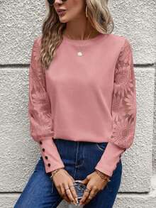 Blusa de mujer con mangas de encaje floral, parches y tejido de gofre, color blanco - Rosa - Ver 6