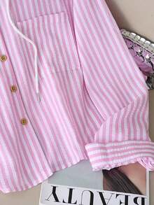 Camisa con capucha holgada con cordón de rayas azules y blancas para mujer, nueva para primavera/otoño - Rosa - Ver 4