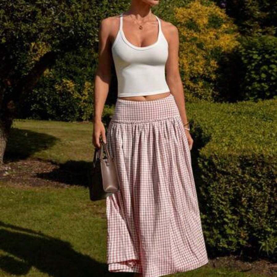 Women's Long Floral Print Wide Waist A-Line Skirt, Countryside & Holiday Style, Summer - Rosa Pálido - Ver 1