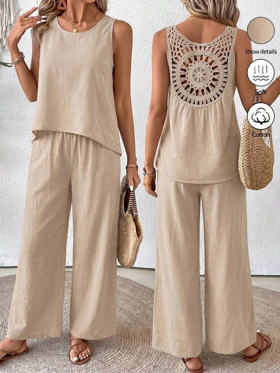 Conjunto de top sin mangas y pantalones de pierna ancha con parte posterior de malla de encaje para mujer, color albaricoque, para primavera/verano - Albaricoque - Ver 1