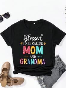 Women's Oversized T-Shirt With "Blessed To Be Called Mom & Grandma" Print - Short Sleeve Blouse With Chinese And English Print, Round Neck, Loose Fit For Casual Outfits, Ideal As A Gift For Mom And Grandma - 黑色 - 查看 3