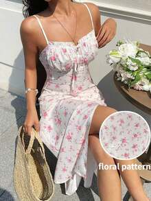 Vestido de tiras de longitud media con abertura lateral y nudo delantero con estampado floral diminuto para vacaciones de mujer - Multicolor - Ver 2