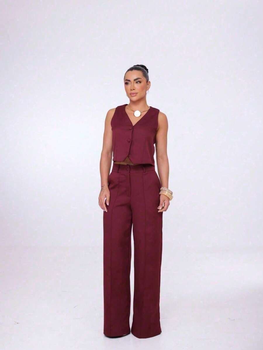 Wide-Leg Pants By Alntaria Risco Calca111114 - Burgundy - View 1
