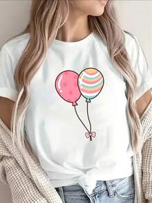 The 2026 Lightweight And Comfortable Short-Sleeved T-Shirt, Featuring A Bright Balloon Design, Is Perfect For Casual Outings Or Relaxing At Home, Making It An Ideal Choice For Everyday Wear In The Living Room Or A Coffee Shop. - 白色 - 查看 7