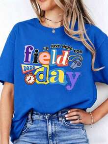 20261pscTeacher T-Shirts Women's, Simply Here For Field Day Print, Schools Field Day Tee, Teacher Crew Neck Short Sleeve Shirt, 100% Cotton Oversized Casual Graphic Top, Spring Summer, Holiday Fun Gift, Free Shipping Soft Cotton Women's Graphic Round Neck Short Sleeve Casual Tee, Easter Mother's Day Gift T-Shirt - 藍色 - 查看 5