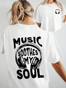 Women's Oversized Music-Themed T-Shirt With The Slogan "Music Calms My Soul" And A Headphone/Musical Note Print - Casual Short-Sleeve Crew Neck T-Shirt In Black And White For Music Lovers, For Concerts, DJ Events, Casual Wear, Y2k Style. - 白色 - 查看 10