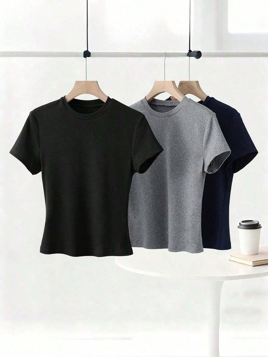 Camiseta casual de mujer de manga corta con cuello redondo de unicolor para verano - Multicolor 7 - Ver 1